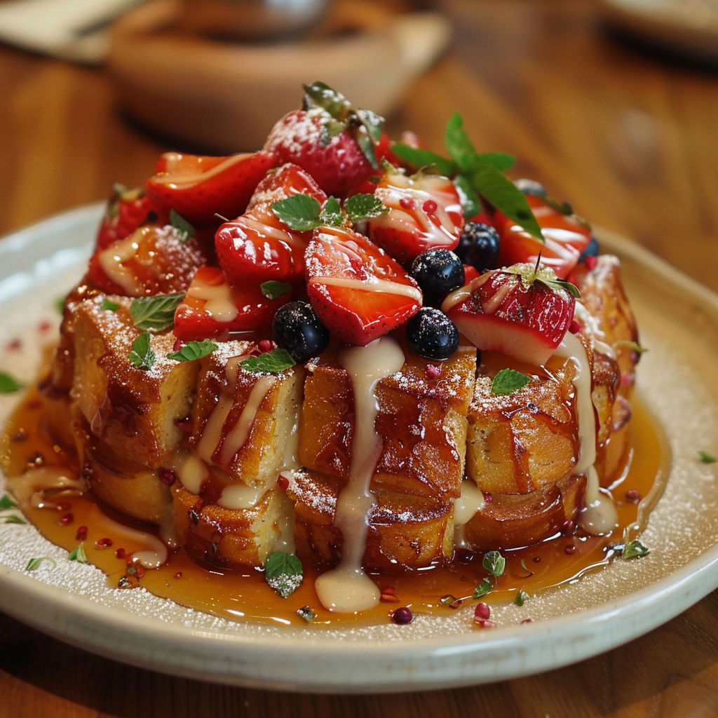 A plate of French toast with strawberries and blueberries.