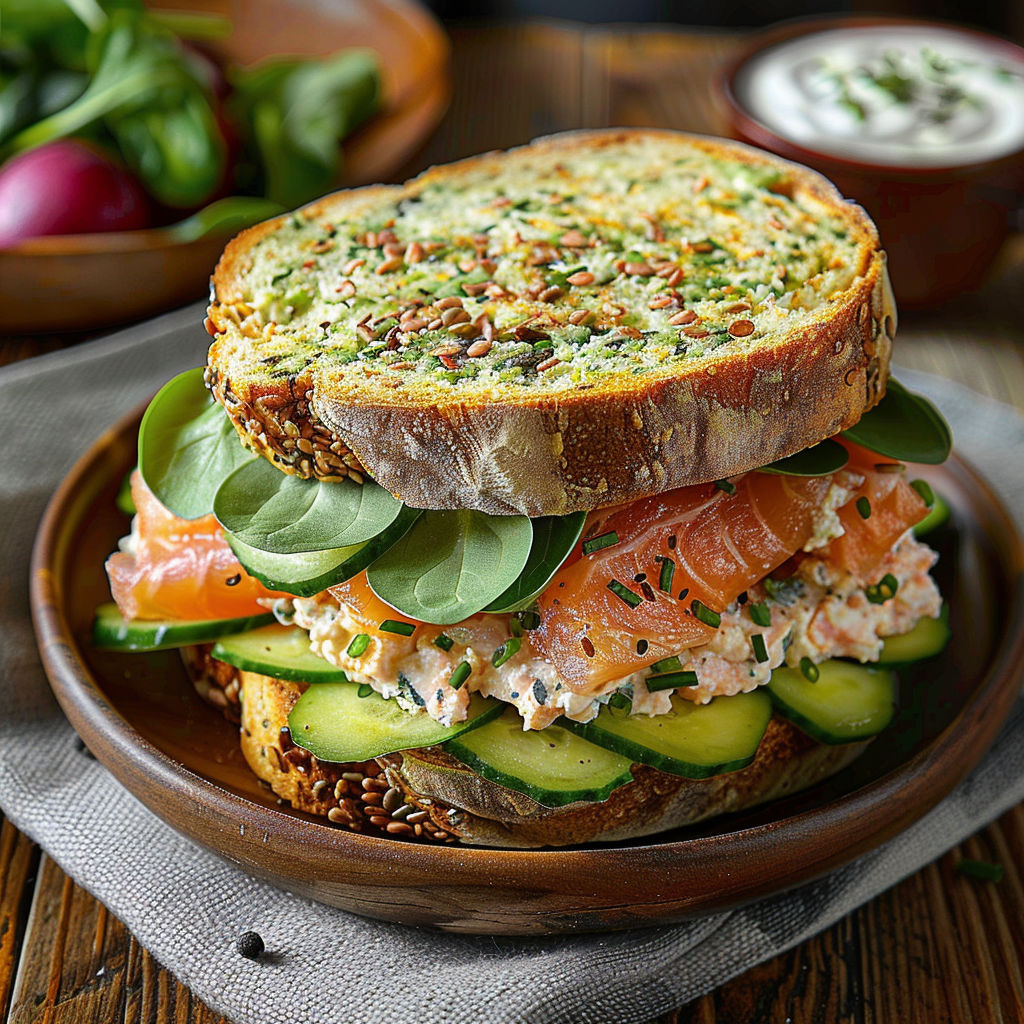 A sandwich with salmon, avocado, and cucumber on a bun.