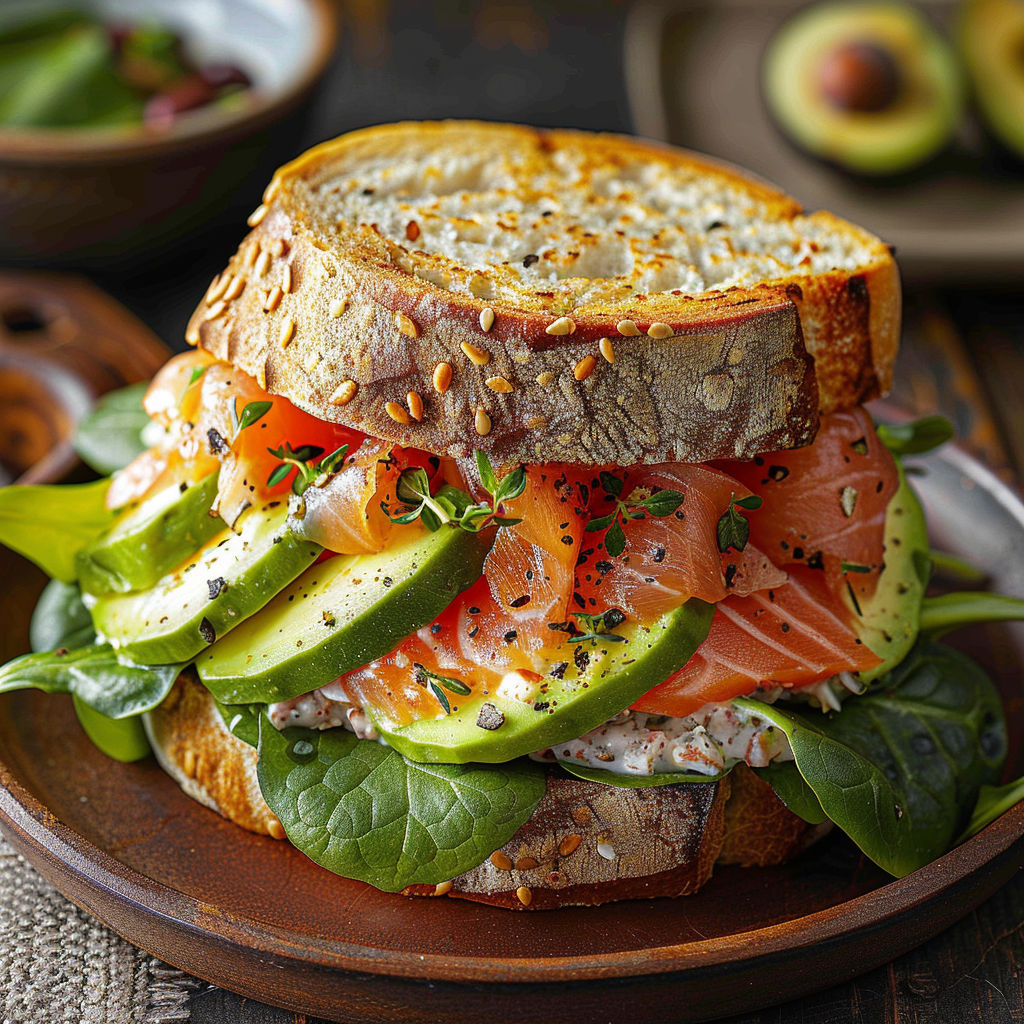 A sandwich with salmon, avocado, and other ingredients.