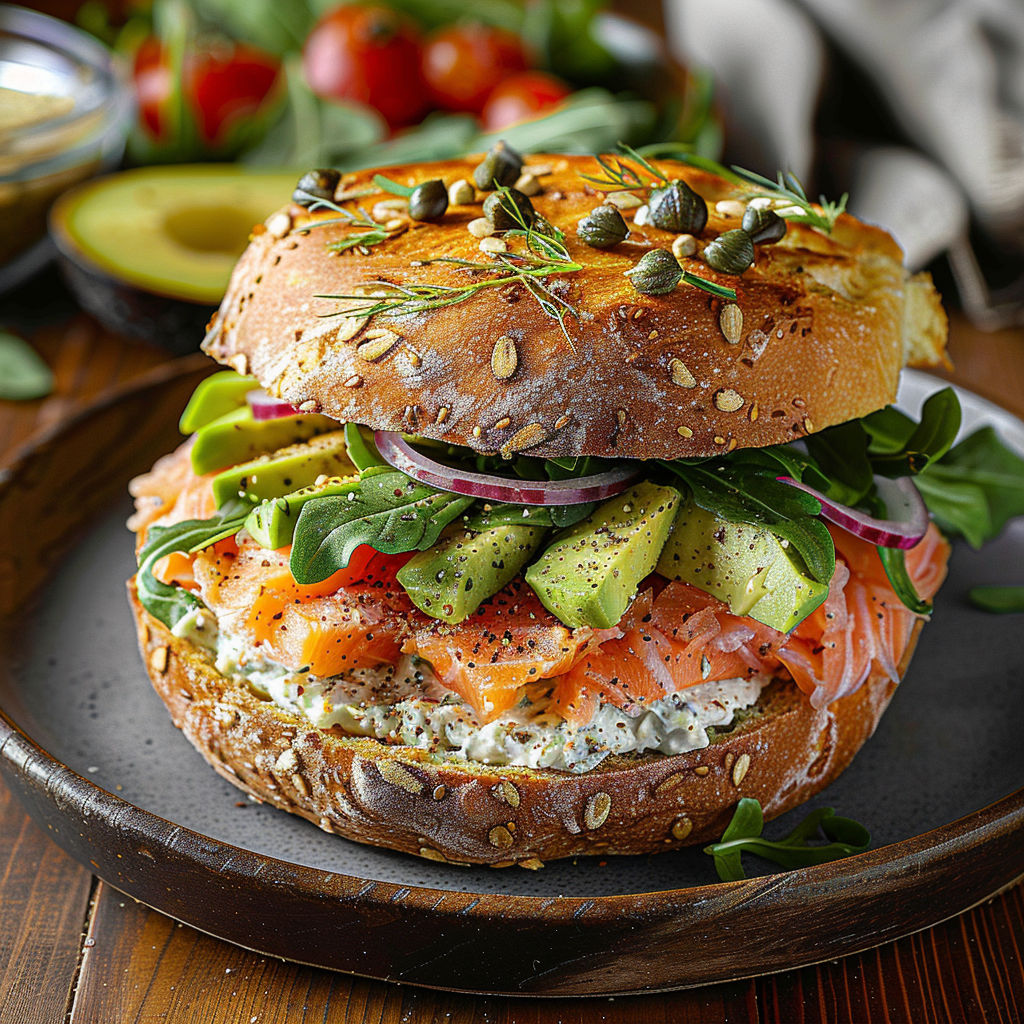 A sandwich with fish, avocado, and tomato.