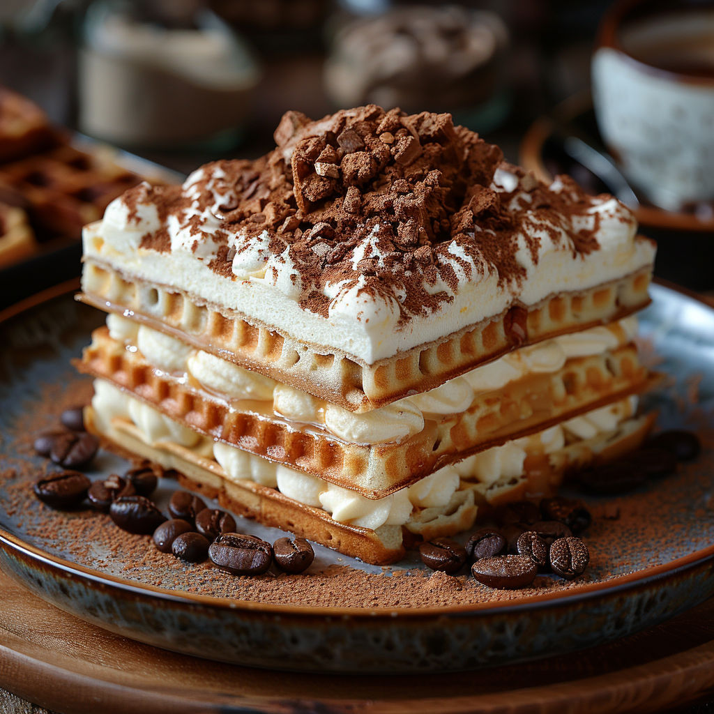 A stack of waffles with chocolate and whipped cream on top.