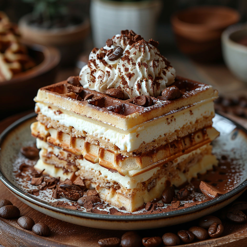A stack of waffles with whipped cream on top.