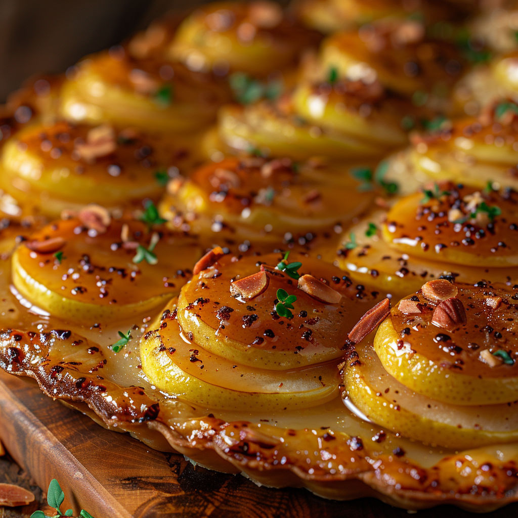 A pie with a crust and a filling of apples and nuts.