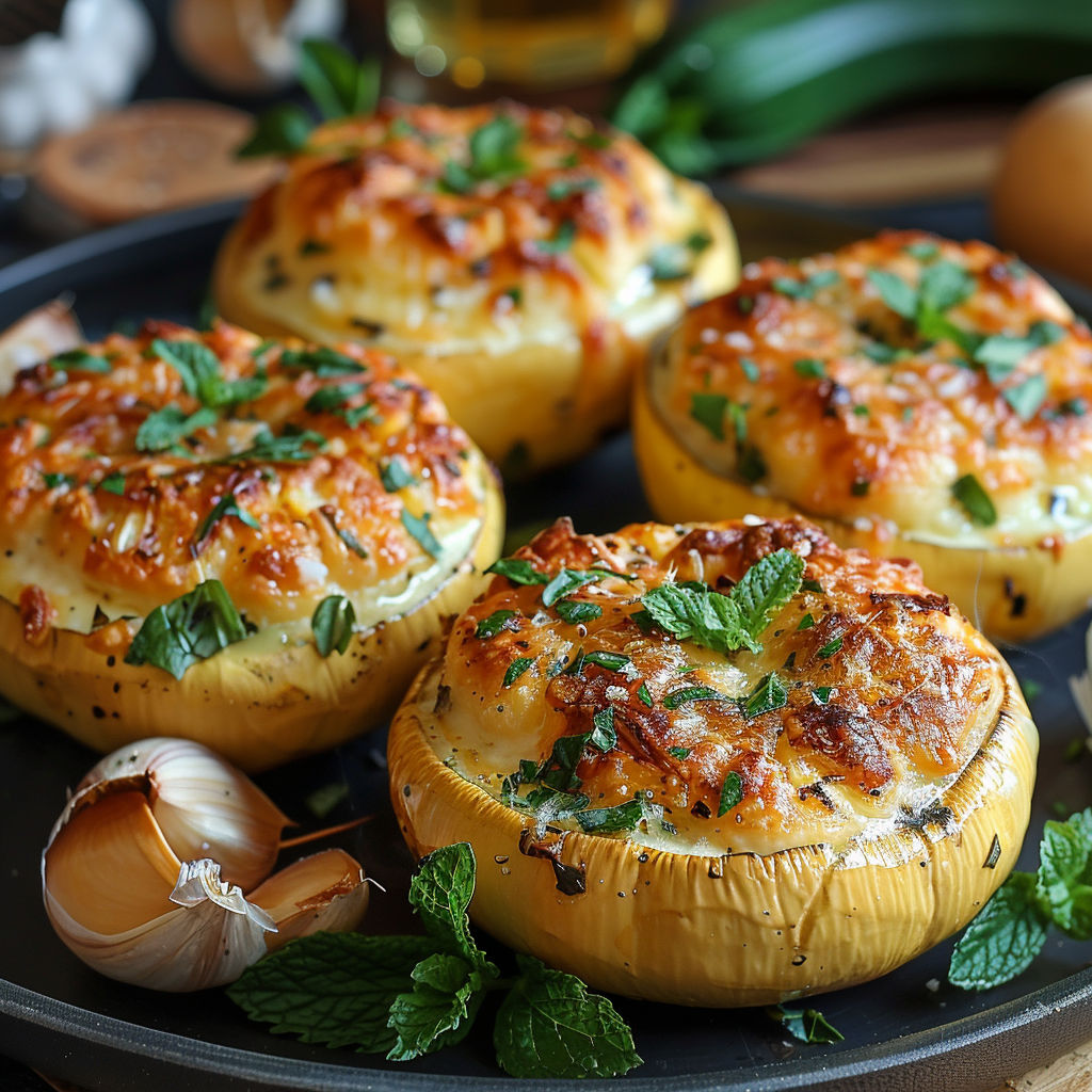 A plate of four baked courgette farcies with cheese and herbs.