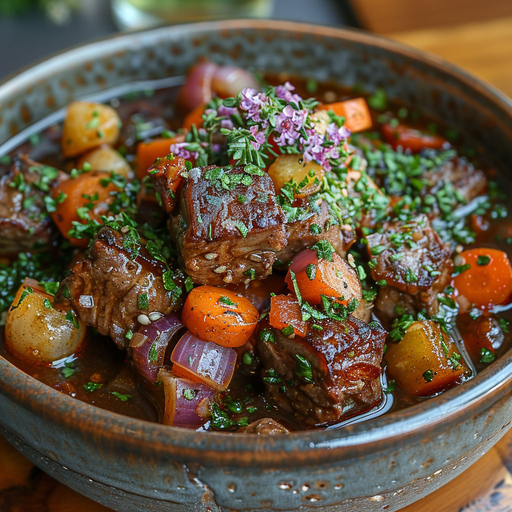 A bowl of meat and vegetables.