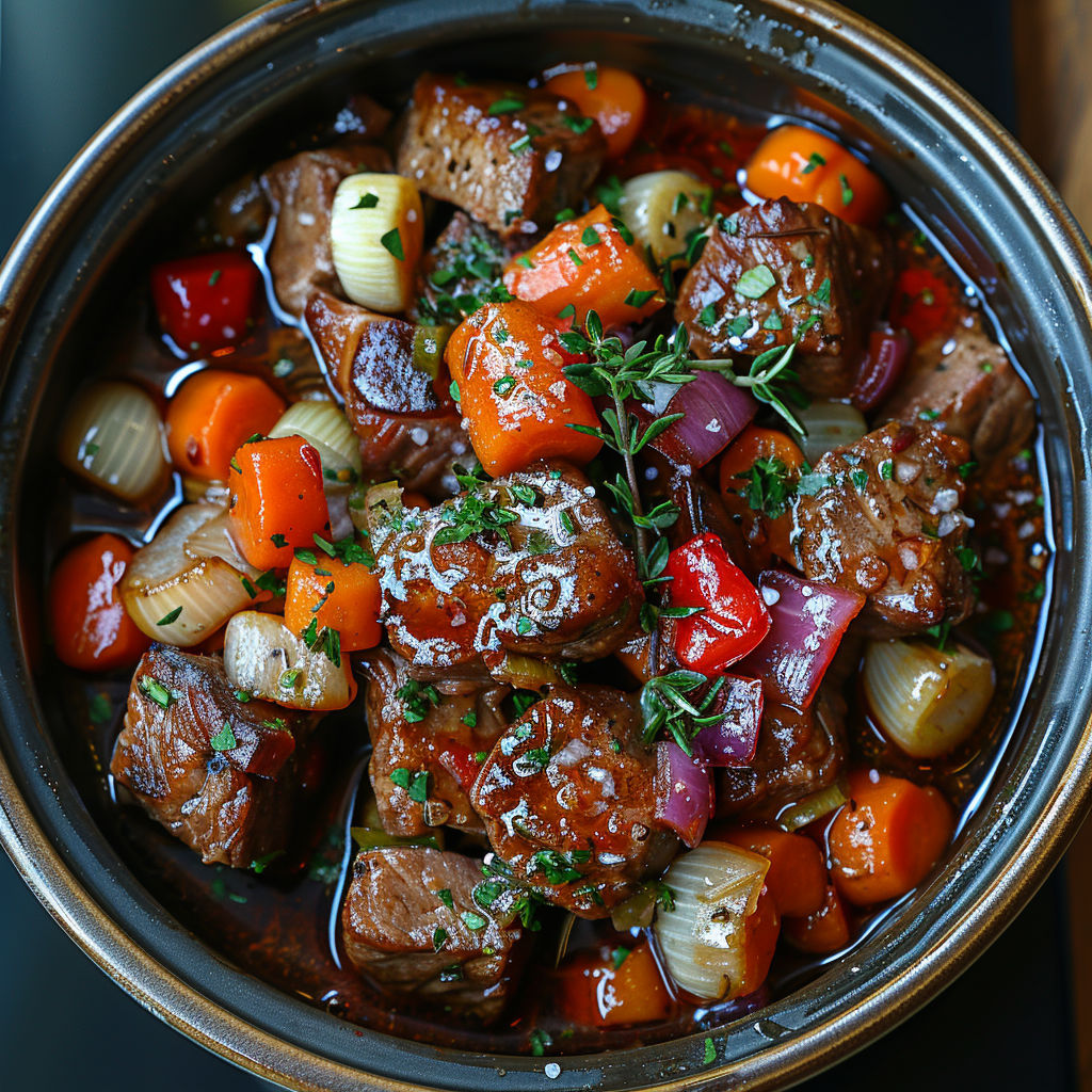 A bowl of meat and vegetables.