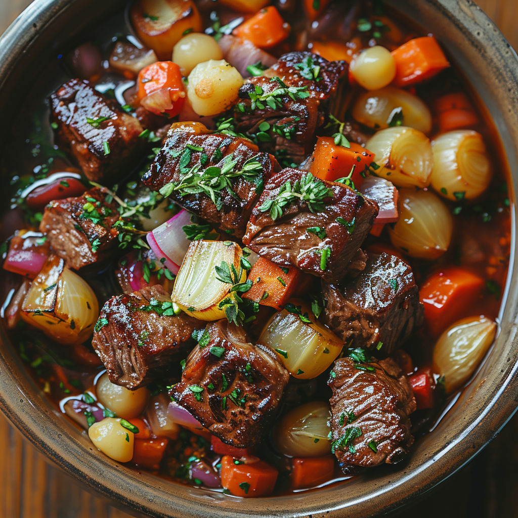 A bowl of meat and vegetables.