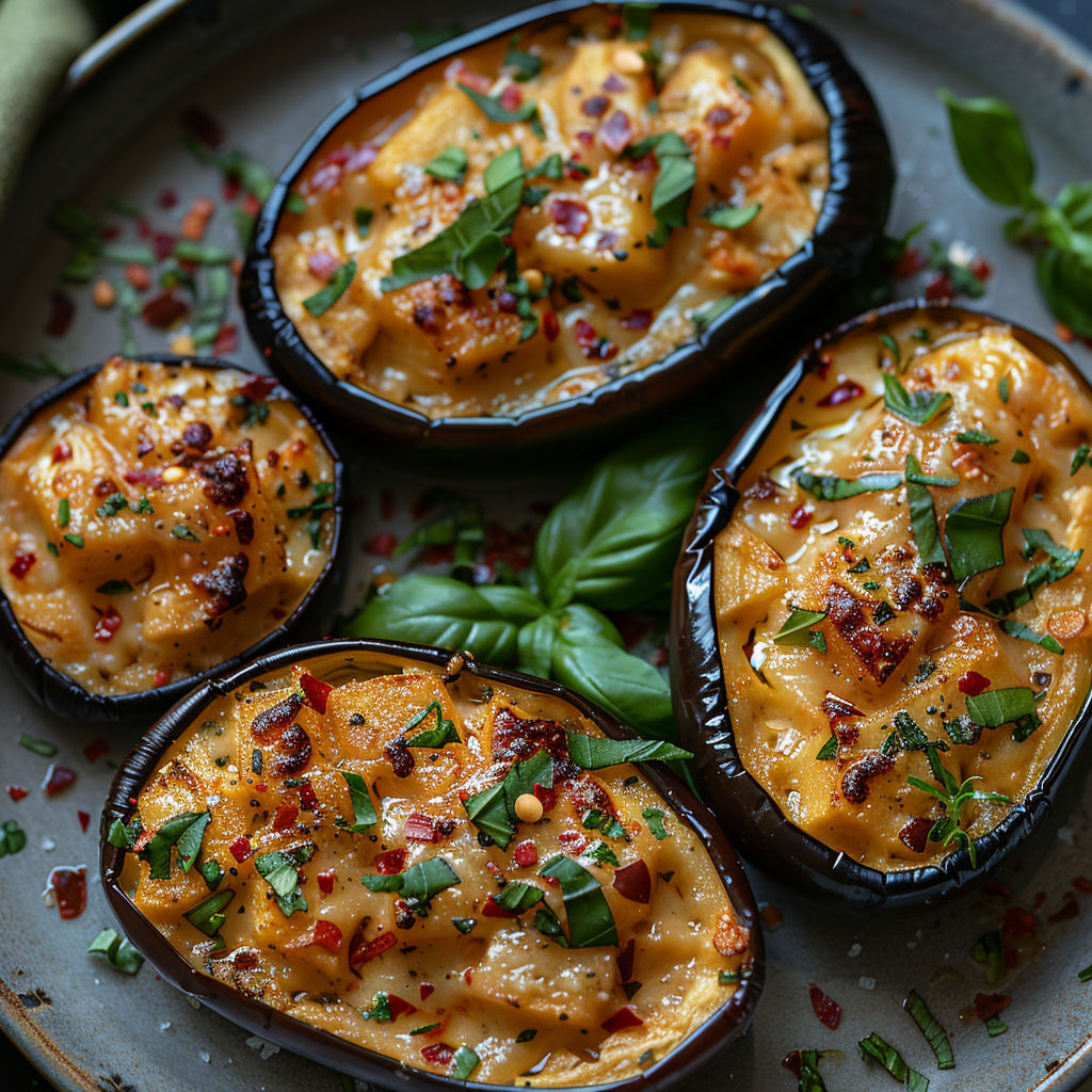 A plate of four aubergines with herbs on top.