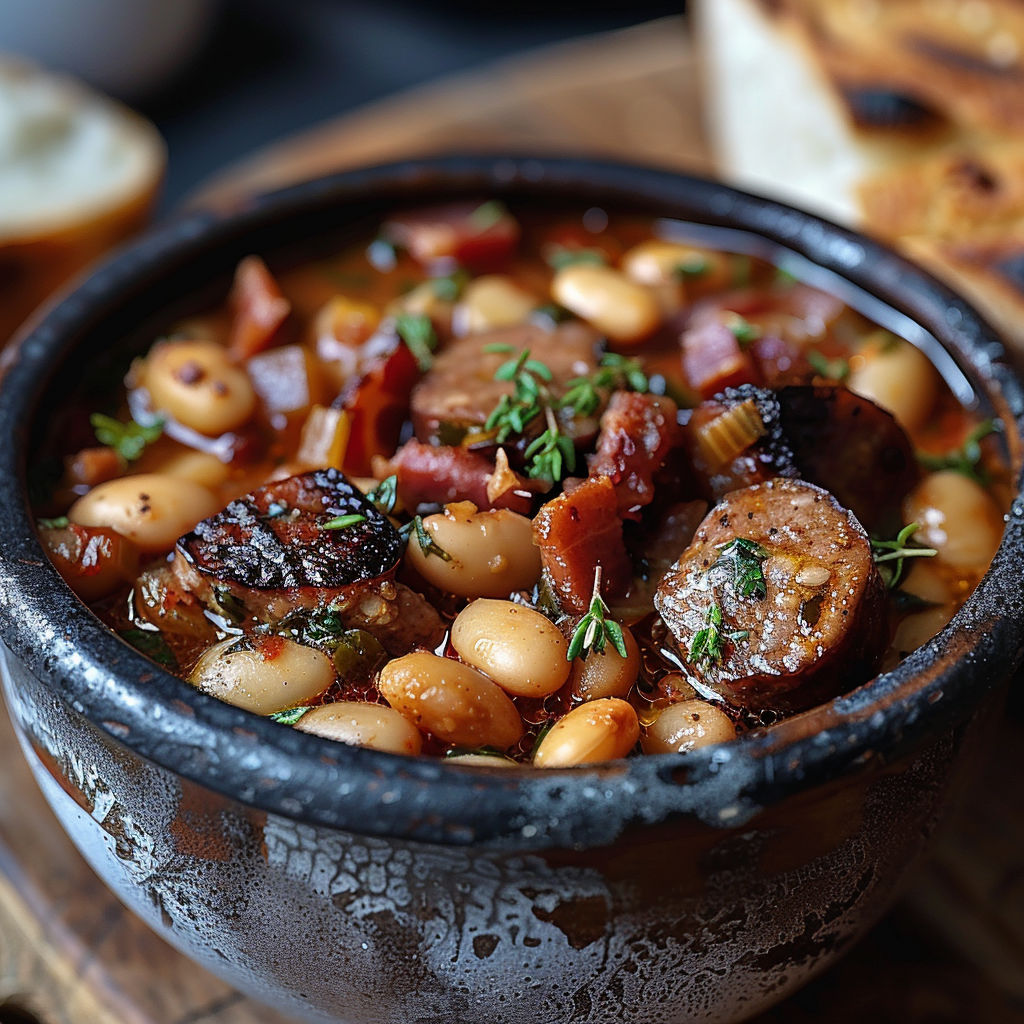 A bowl of beans with bacon and herbs.
