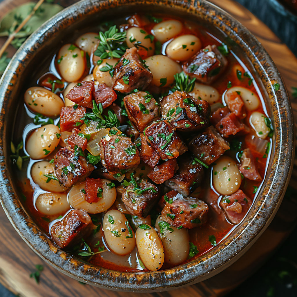 A bowl of meat and beans.