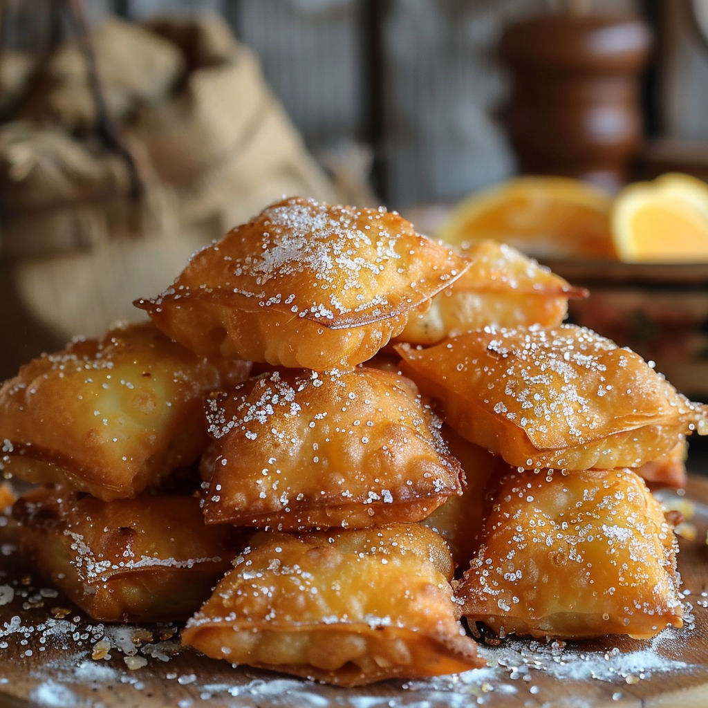 A stack of pastries with powdered sugar on top.