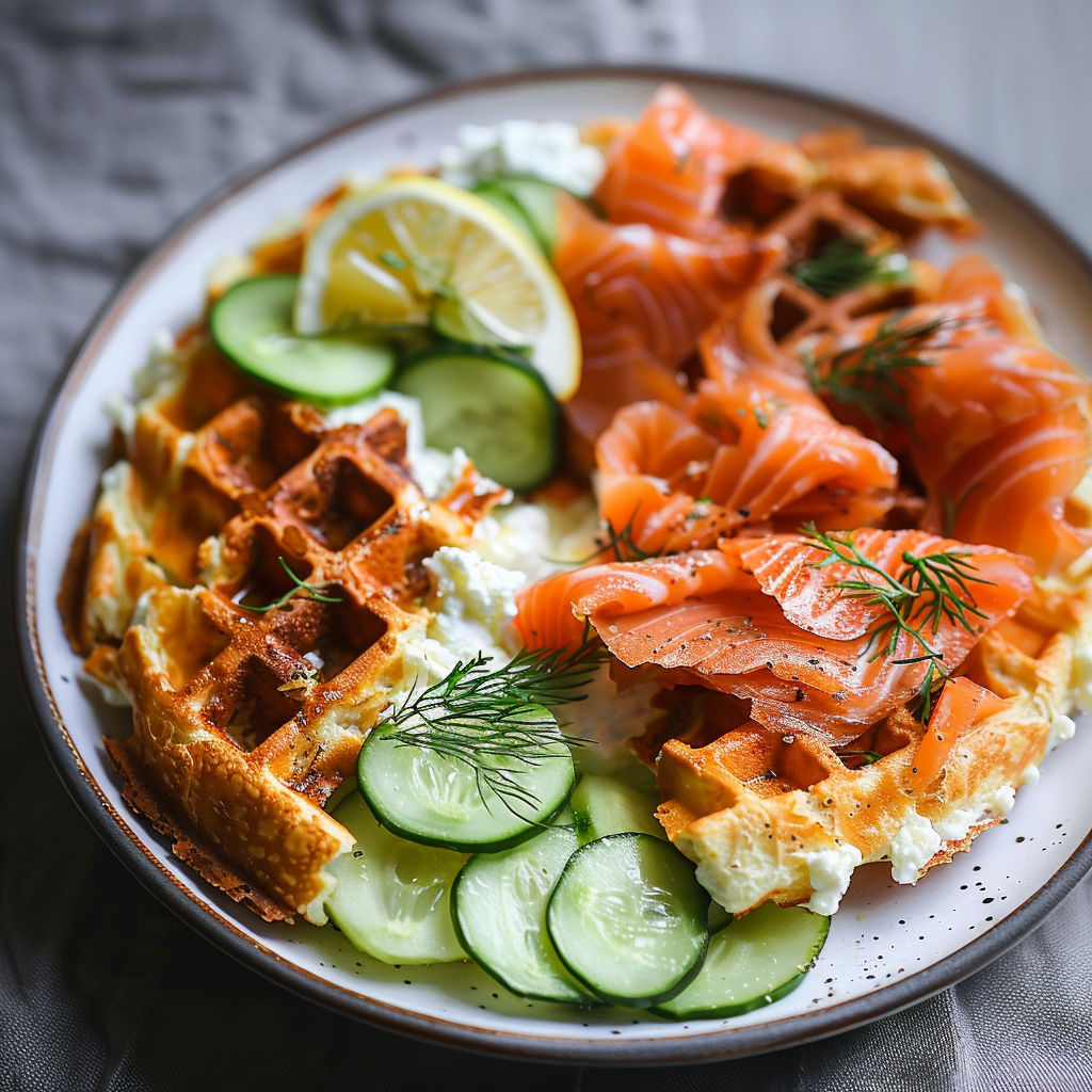 A plate of food with a croffle, cucumber, and salmon.