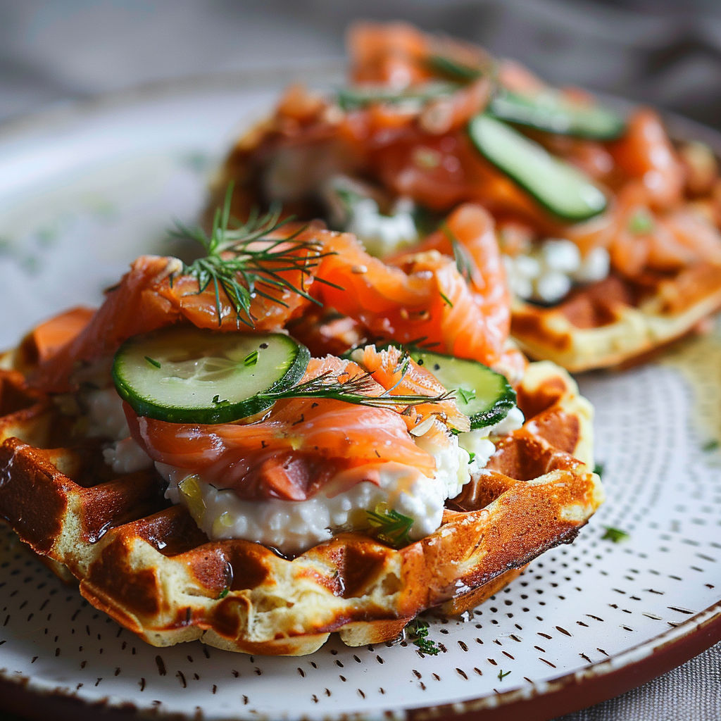 A plate of food with a waffle and fish on top.