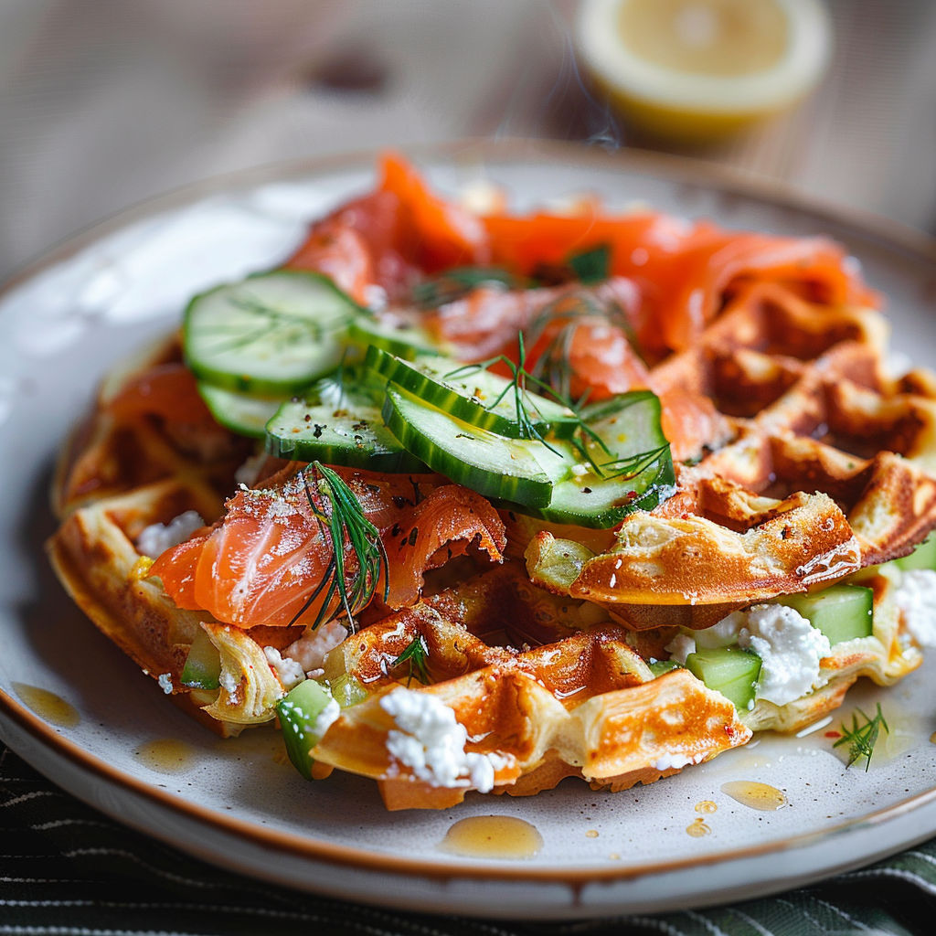 A plate of food with a waffle, salmon, cucumber, and lemon.