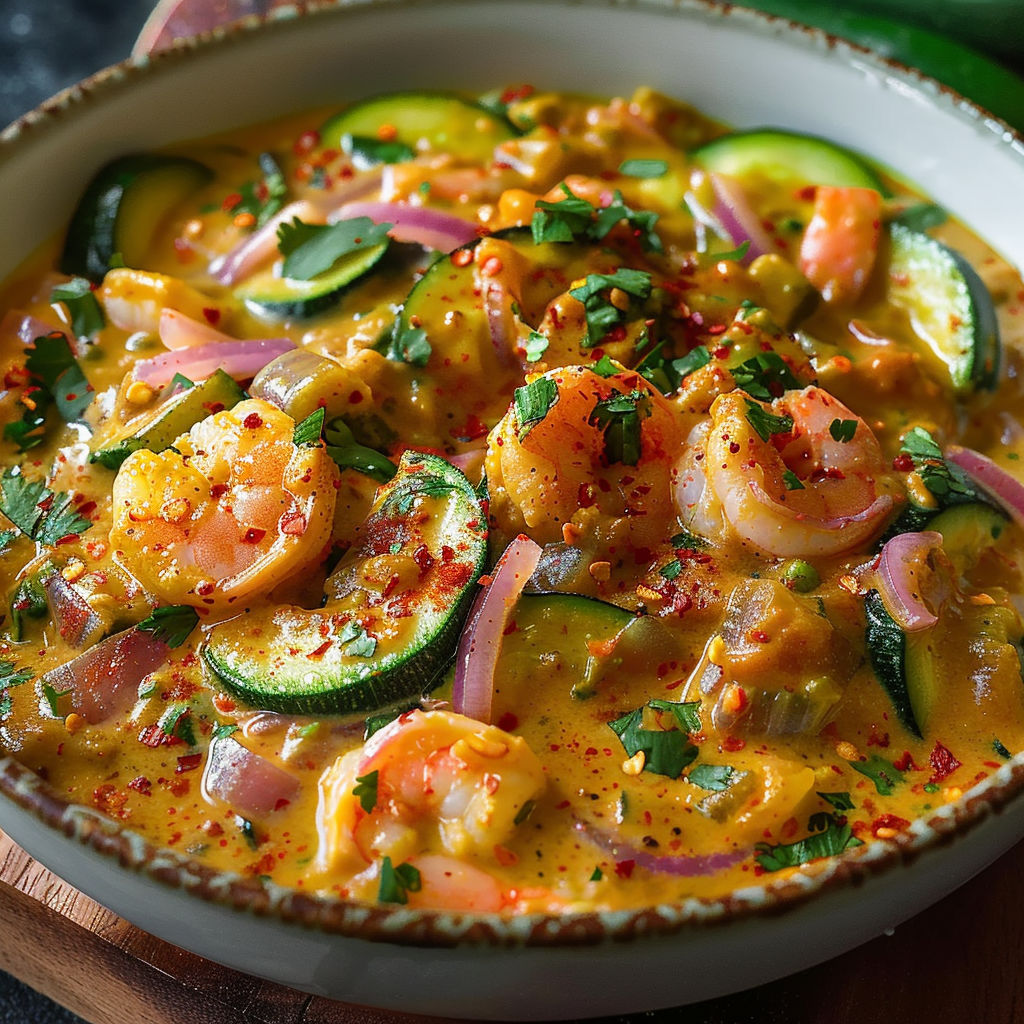 A bowl of curry with cucumbers and shrimp.