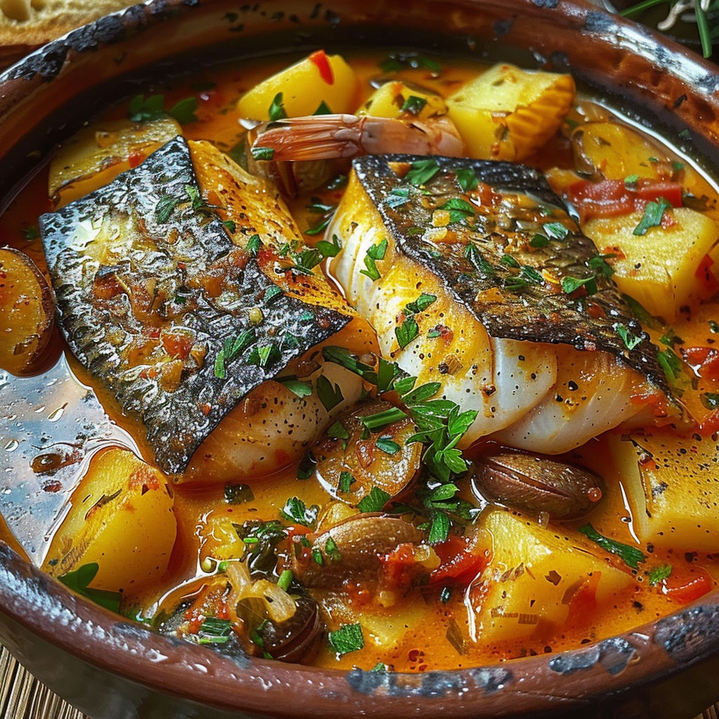 A bowl of fish soup with a spoon in it.