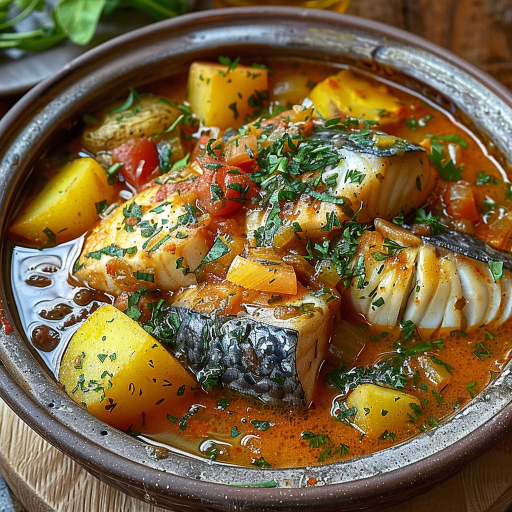 A bowl of fish soup with a variety of vegetables.