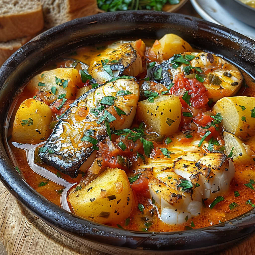 A bowl of food with a fish and potatoes.