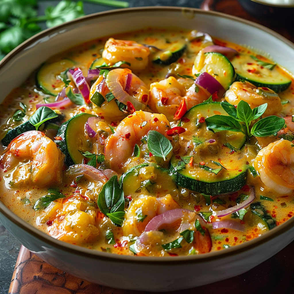 A bowl of shrimp and vegetables.