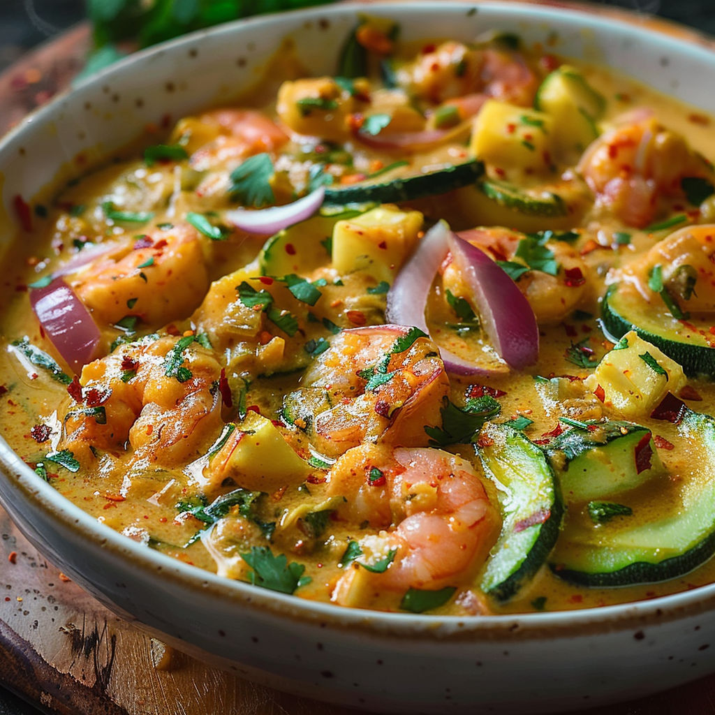 A bowl of shrimp and vegetables.