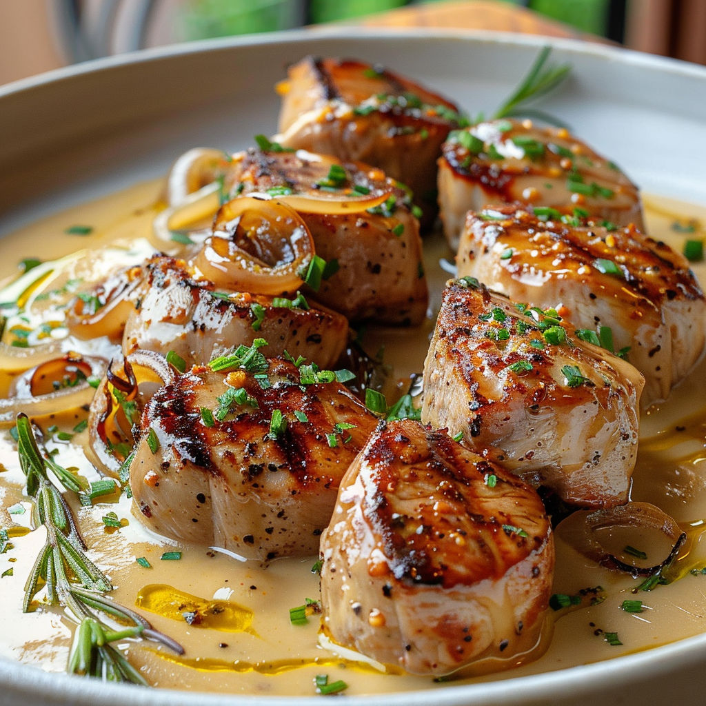 A plate of meat with onions and herbs.