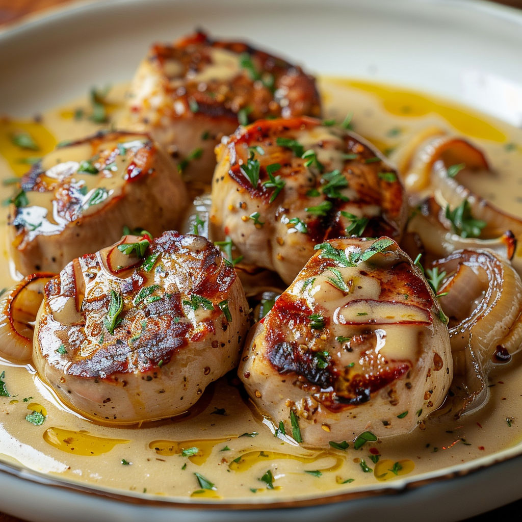 A plate of meat with onions and herbs.