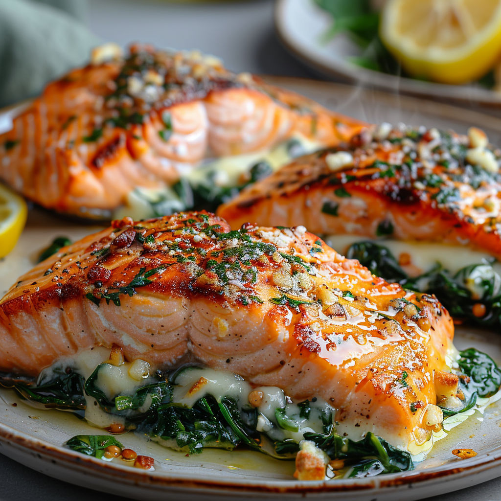 Salmon with spinach and lemon.
