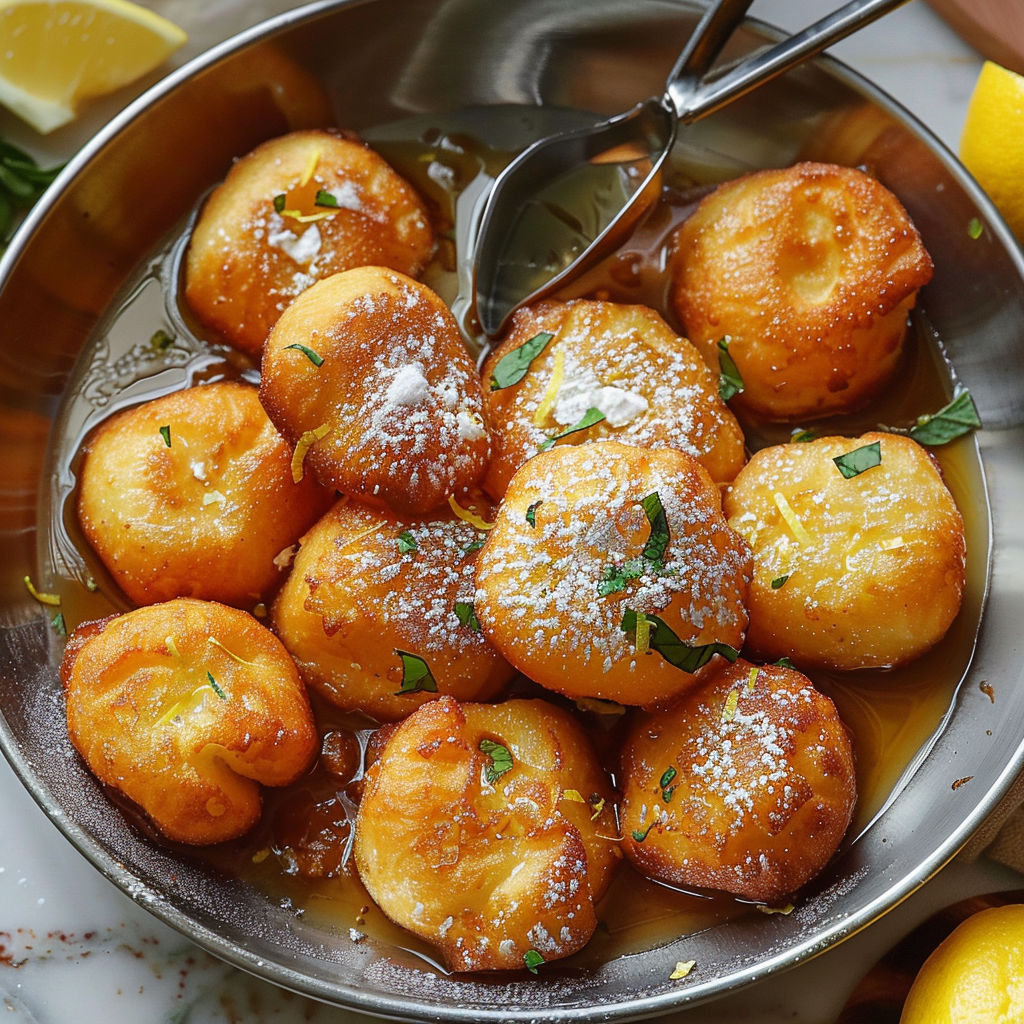 A bowl of beignets with a spoon in it.