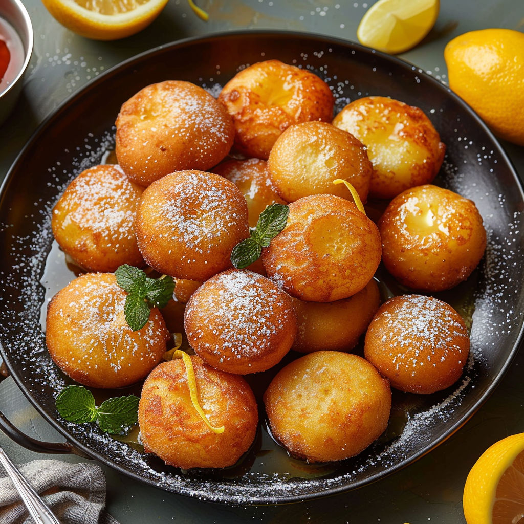 A plate of beignets with a lemon wedge on top.