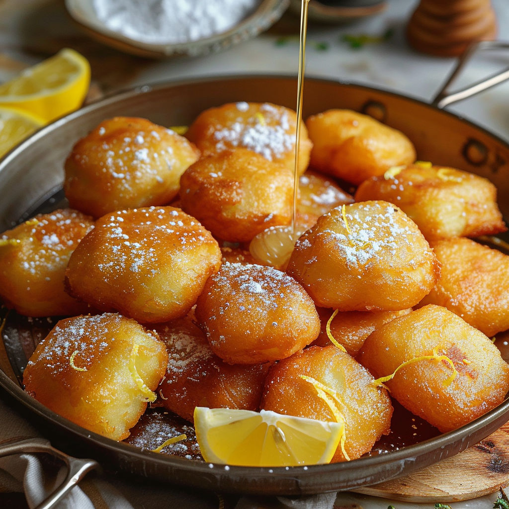 A plate of beignets with a lemon wedge on top.