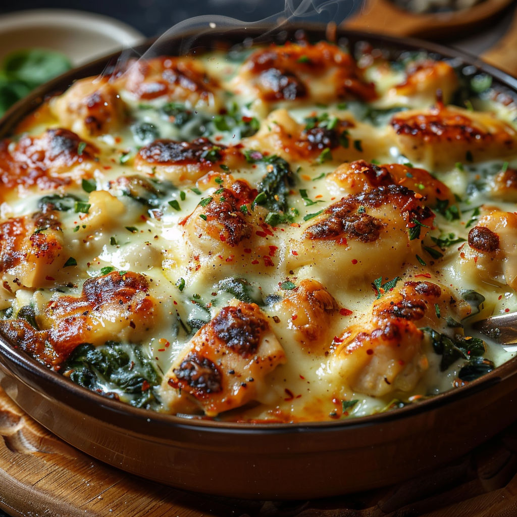 A dish of gratin poulet épinards fromage.