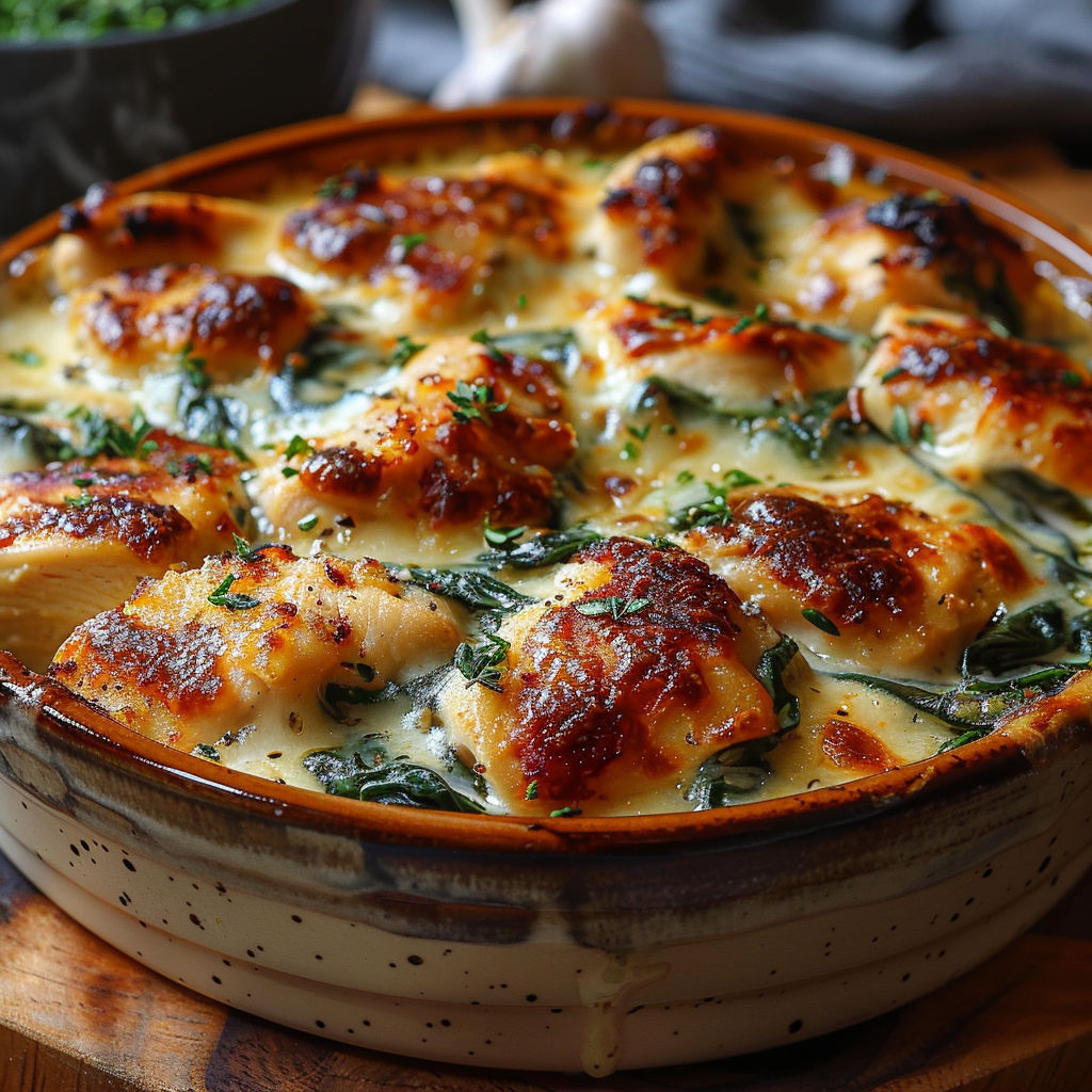 A dish of gratin poulet épinards fromage.