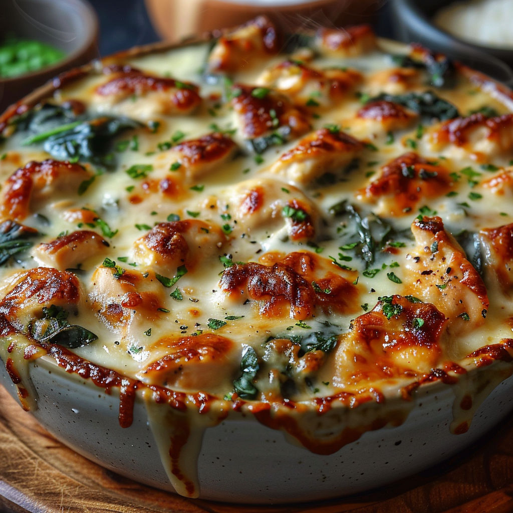 A dish of chicken and spinach.