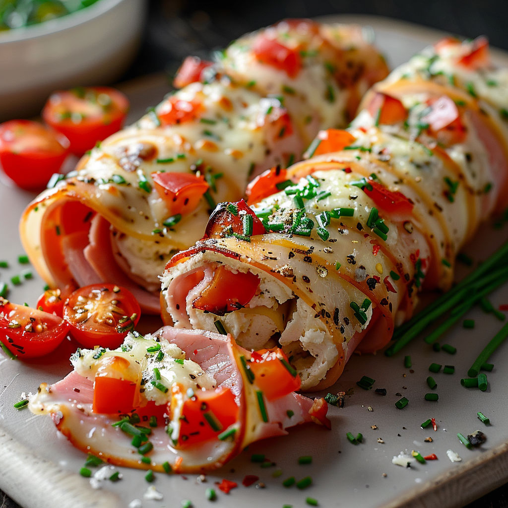 A plate of food with a meat and cheese roll.
