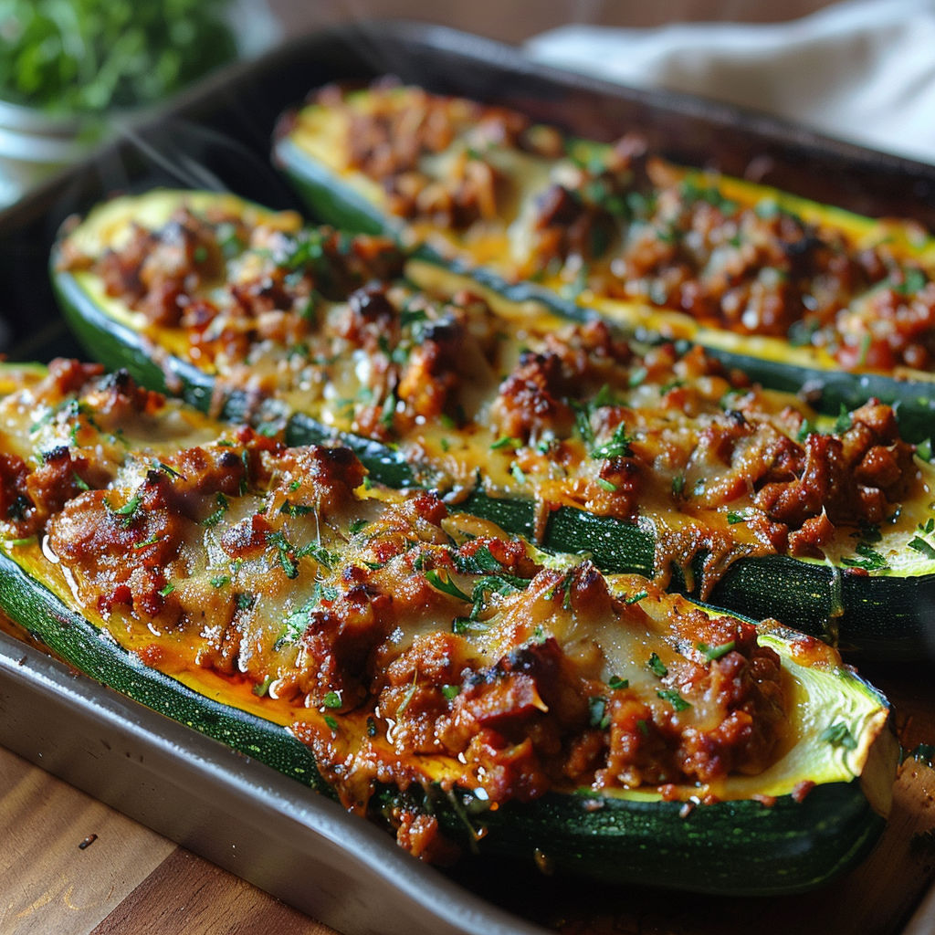 A pan of cooked zucchini with meat and cheese.