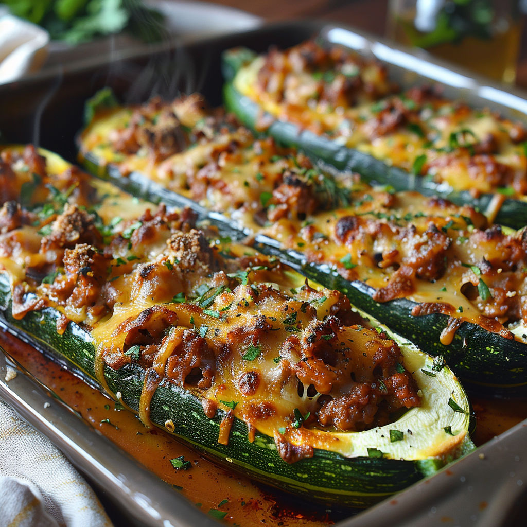 A pan of food with a zucchini and meat.