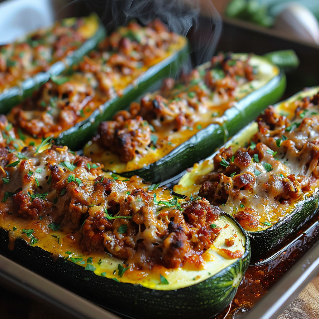 A pan of food with a zucchini and meat filling.