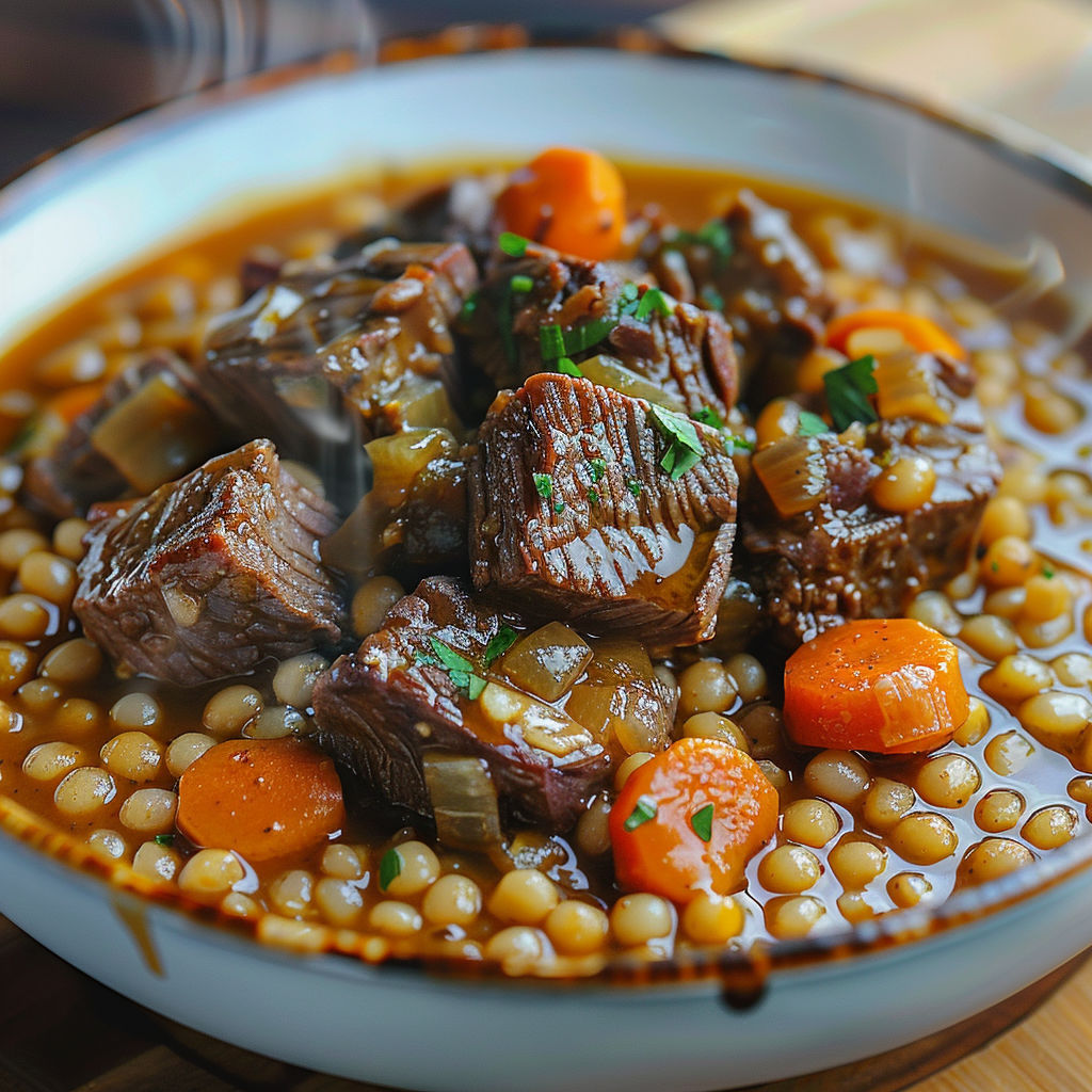 A bowl of beef stew with carrots.