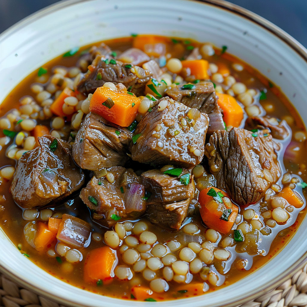 A bowl of stew with meat and vegetables.