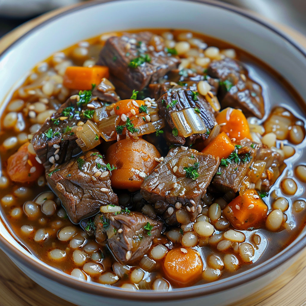 A bowl of beef stew with carrots and onions.
