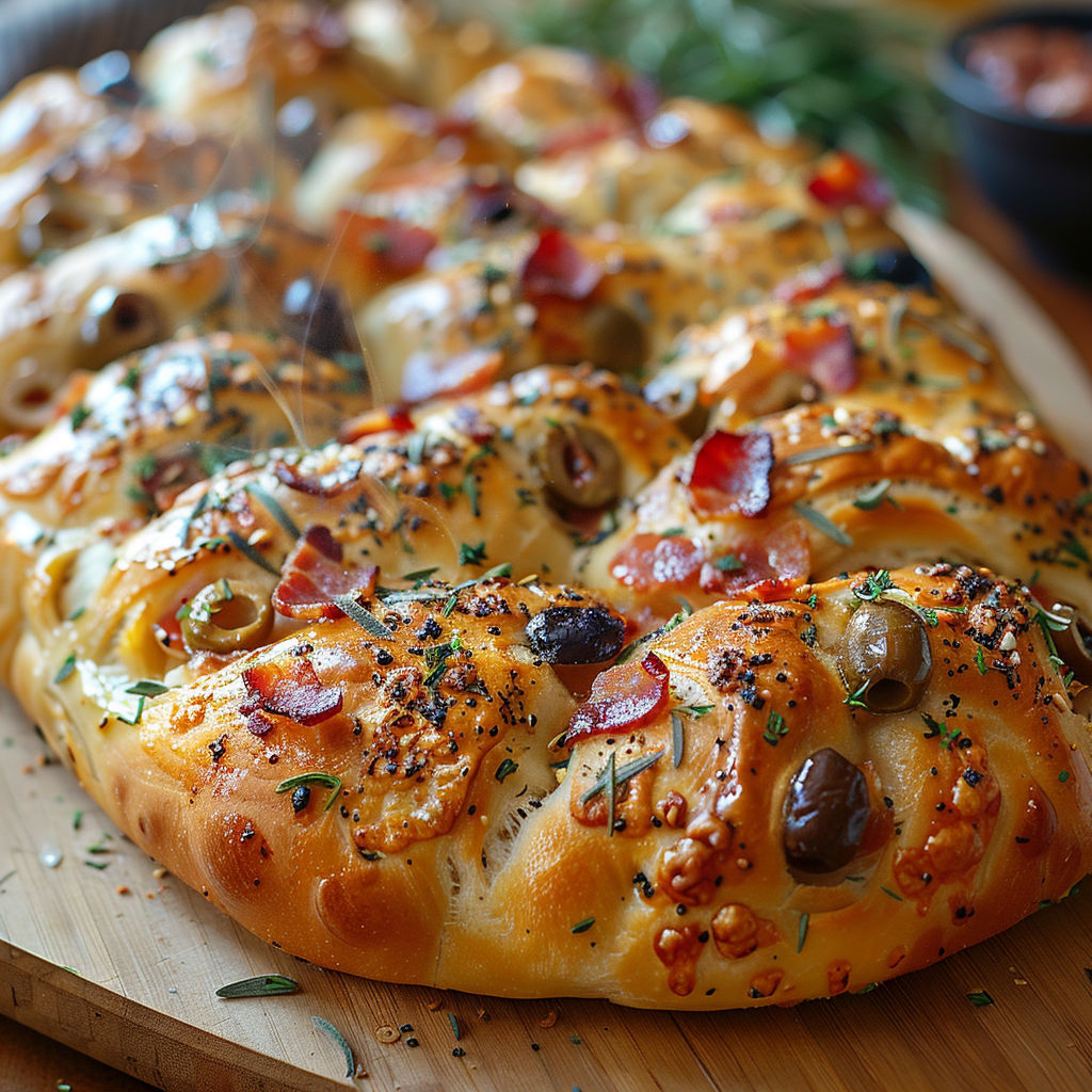A baked bread with olives and bacon.