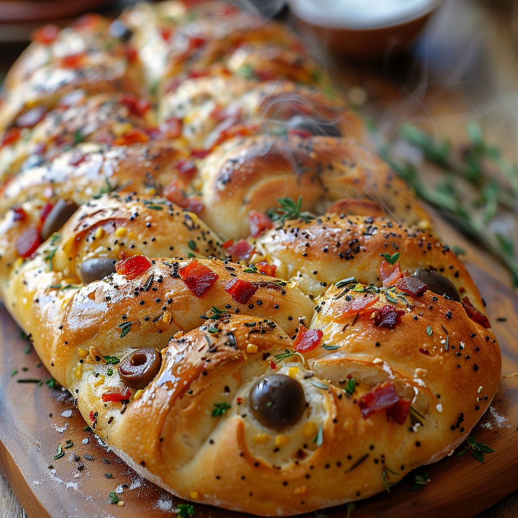 A loaf of bread with various toppings.