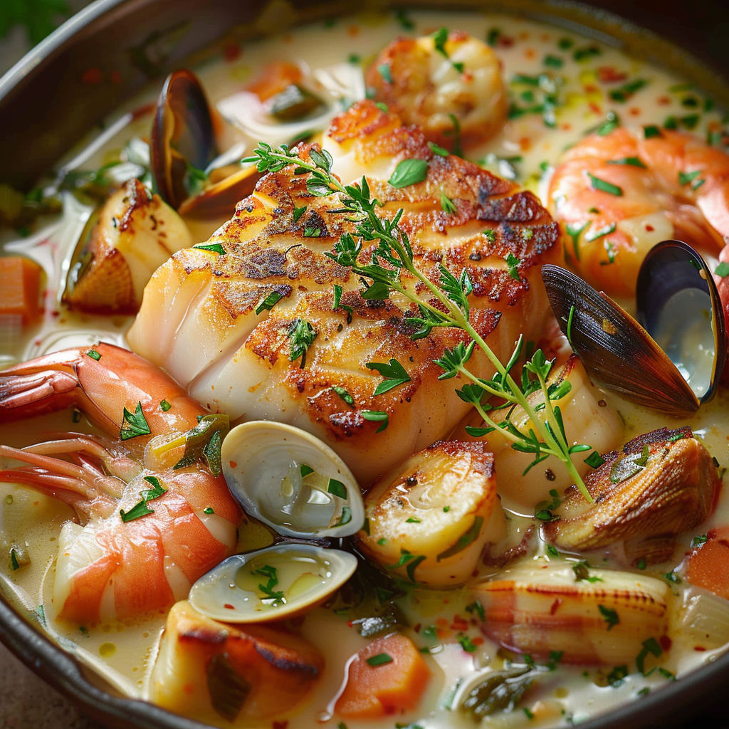 A pot of seafood with shrimp, scallops, and lobster.