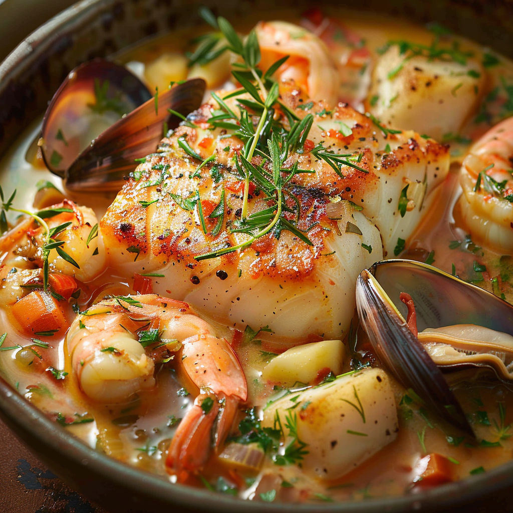 A bowl of seafood soup with shrimp, scallops, and fish.