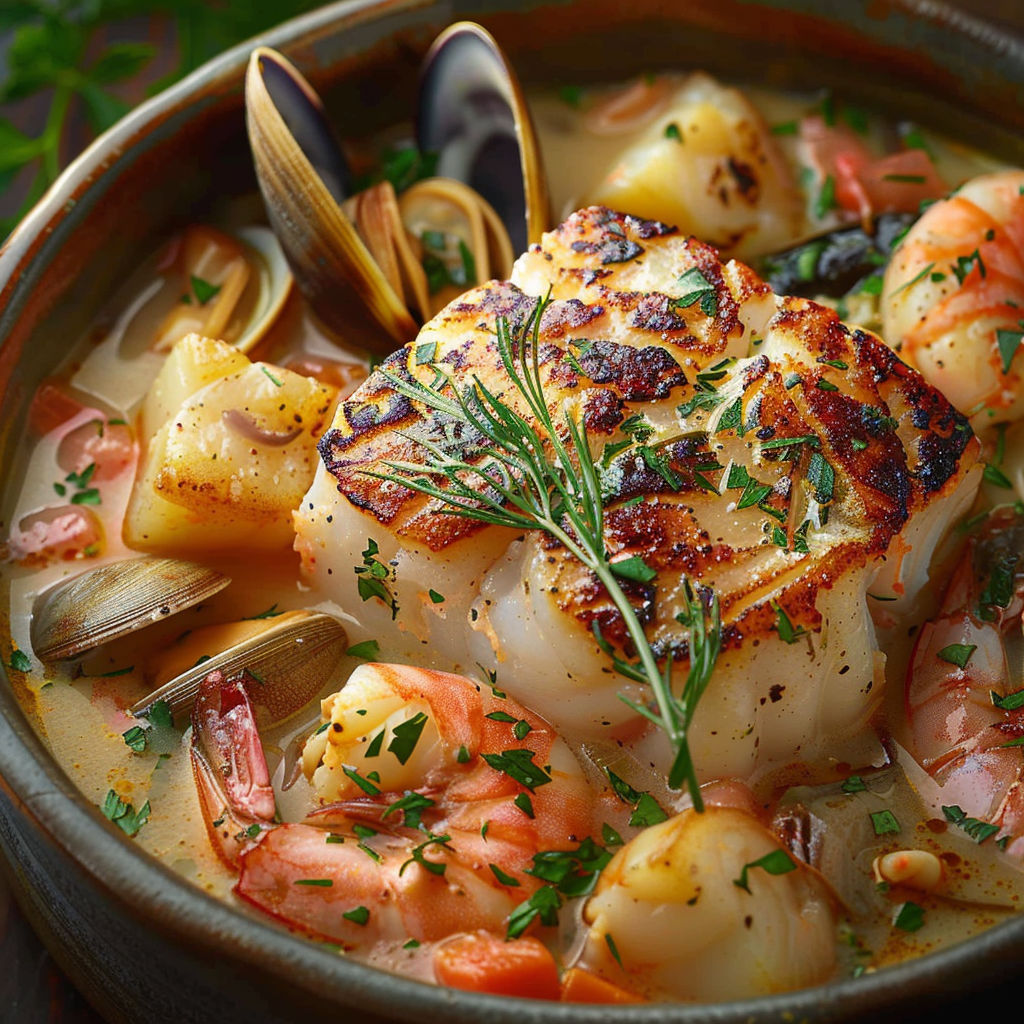 A bowl of seafood with shrimp, scallops, and clams.