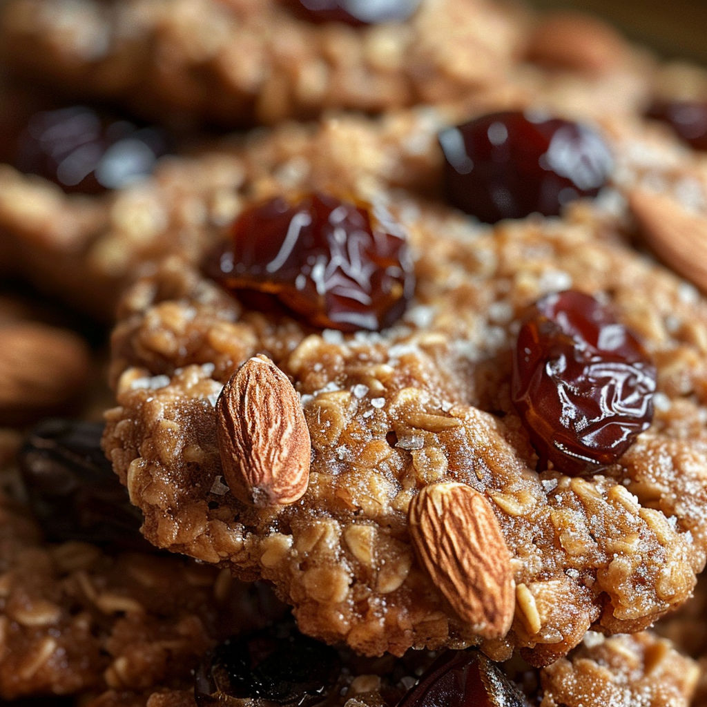 A close up of a cookie with raisins and nuts.
