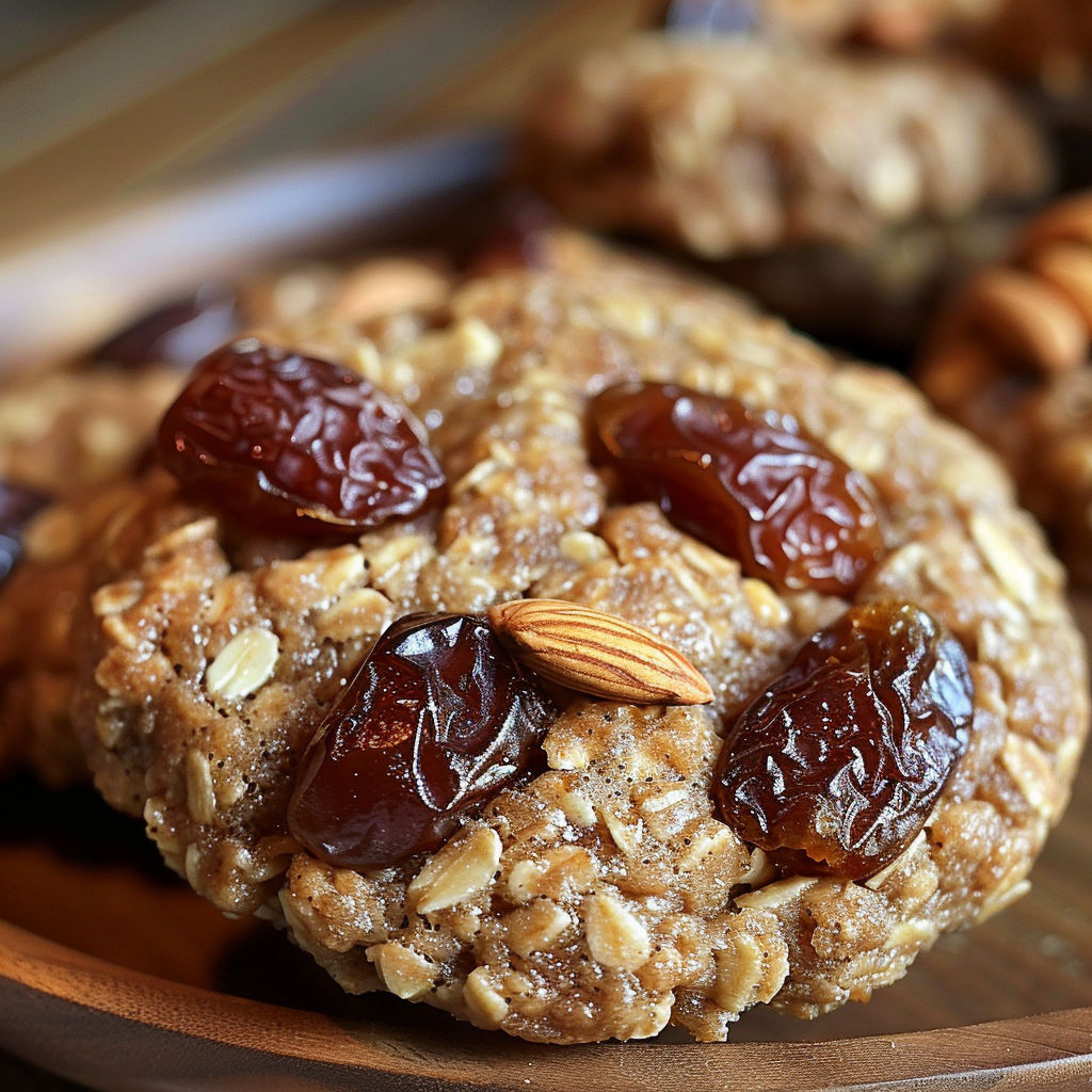 A plate of cookies with raisins and almonds.