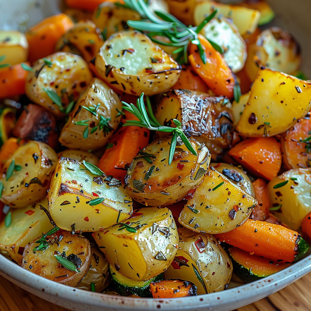 A bowl of roasted vegetables with herbs.