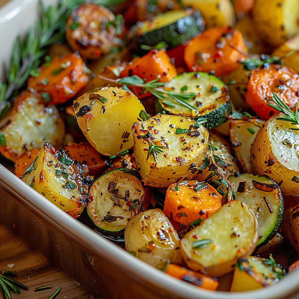 A dish of vegetables including carrots, potatoes, and zucchini.