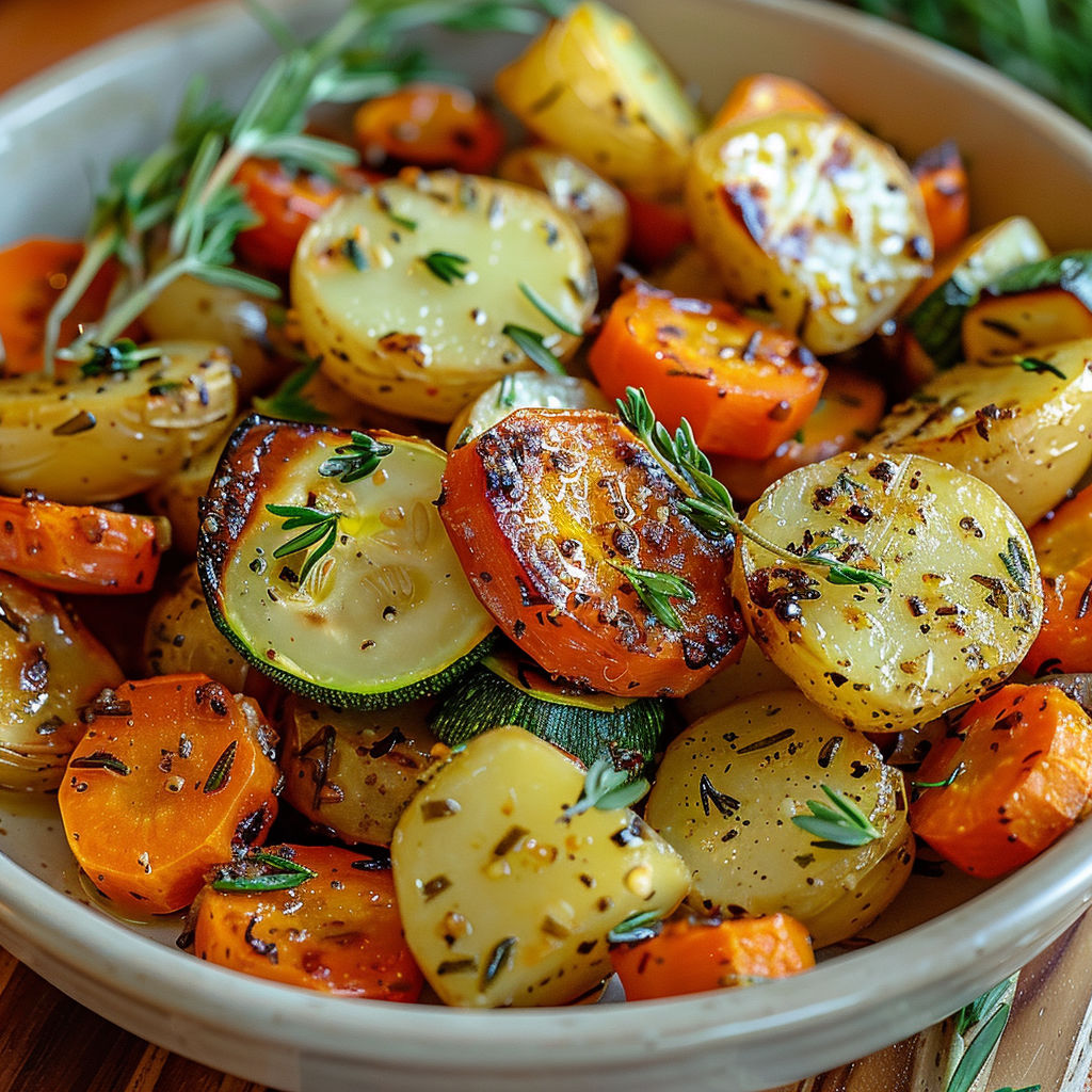 A bowl of vegetables with a sprig of parsley on top.